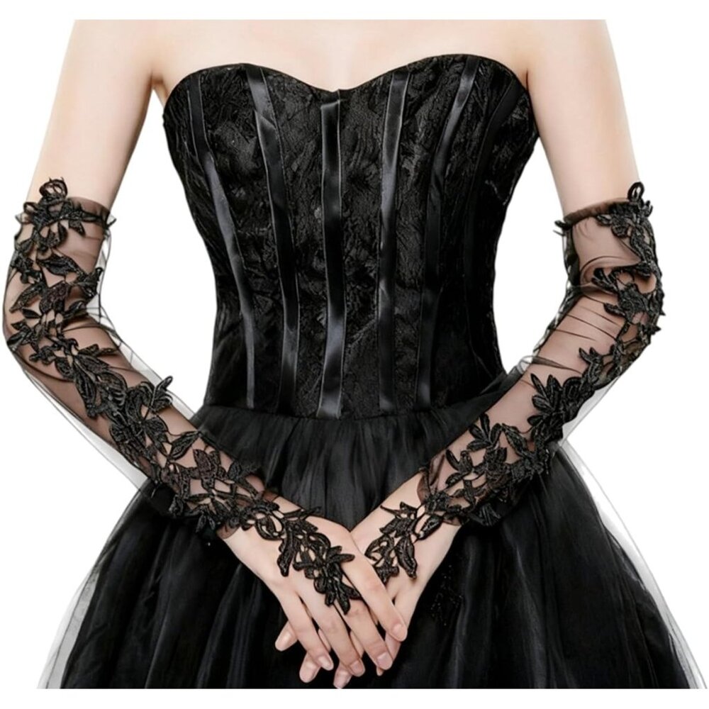 Women's A-Lace Fingerless A-Black Elbow Length Tulle Gloves Wedding Party Prom